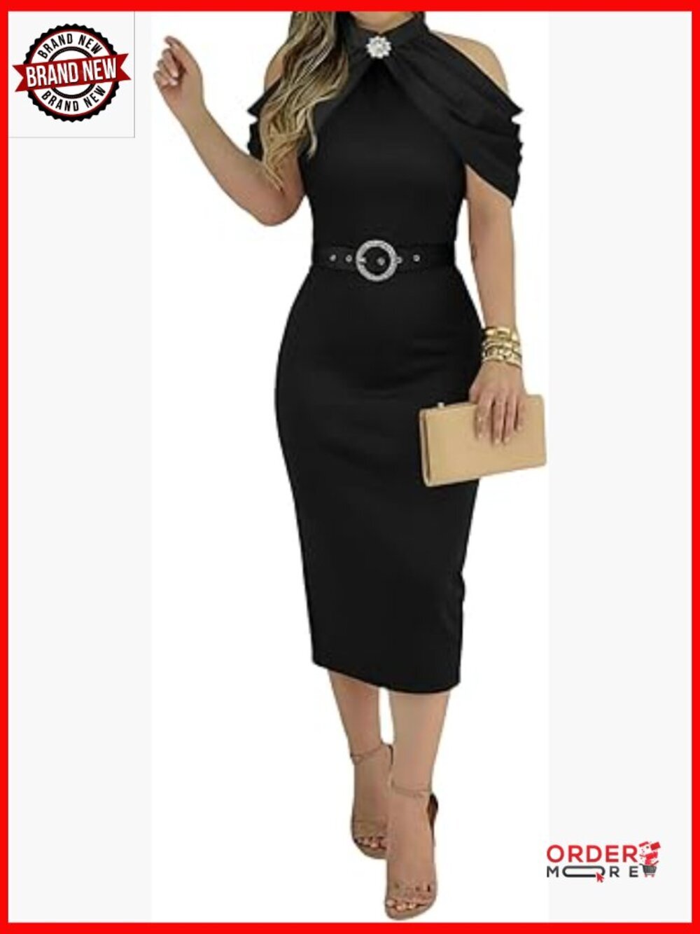 High Neck Bodycon Midi Dress Rhinestone Decor Belted Cocktail